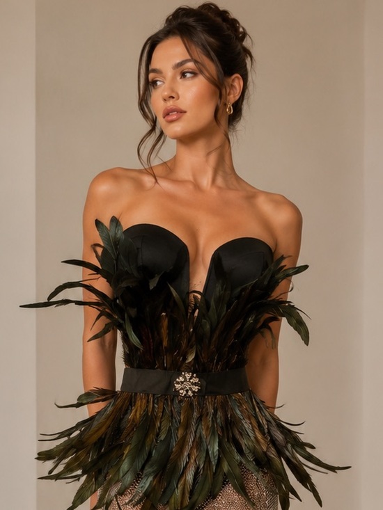 NovaLuxe Dresses & Skirts - NovaLuxe Feather Corset Dress Sheer Mesh Maxi Glam  Birthday Photoshoot